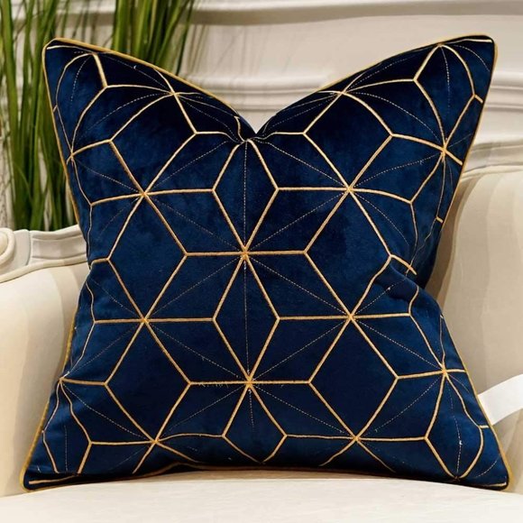 17 x 17" Navy Blue Gold Plaid Cushion Case Velvet To The Touch Throw Pillow Case - Picture 2 of 3